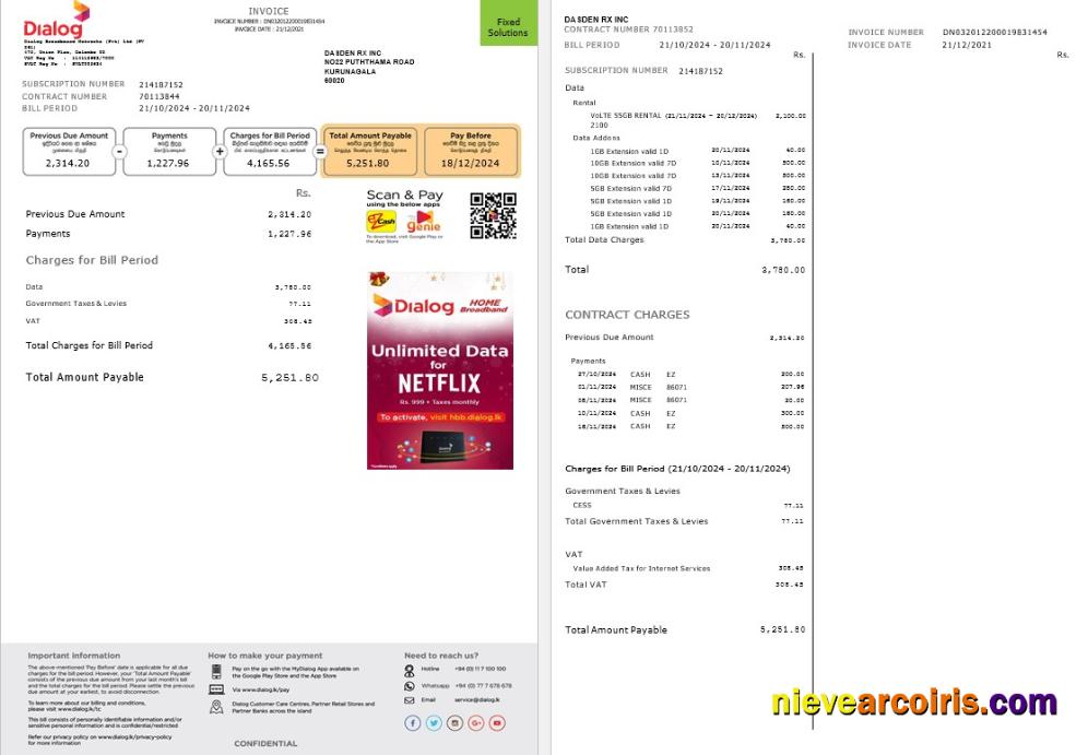Sri Lanka Dialog business utility bill, 2 pages